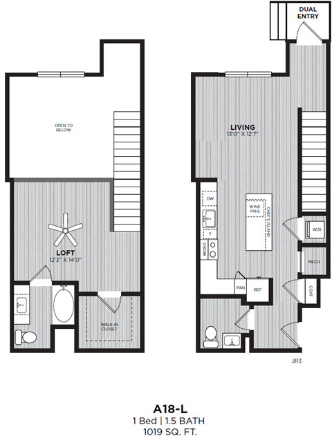 Floor plan for 1 bed, 1.5 baths, 1019 sqft